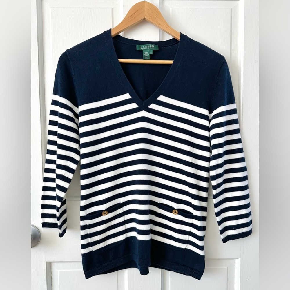 Lauren Ralph Lauren Striped V-Neck Cotton Sweater Pockets Navy‎ White Nautical M